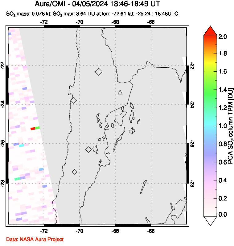 A sulfur dioxide image over Northern Chile on Apr 05, 2024.