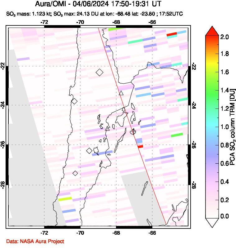 A sulfur dioxide image over Northern Chile on Apr 06, 2024.