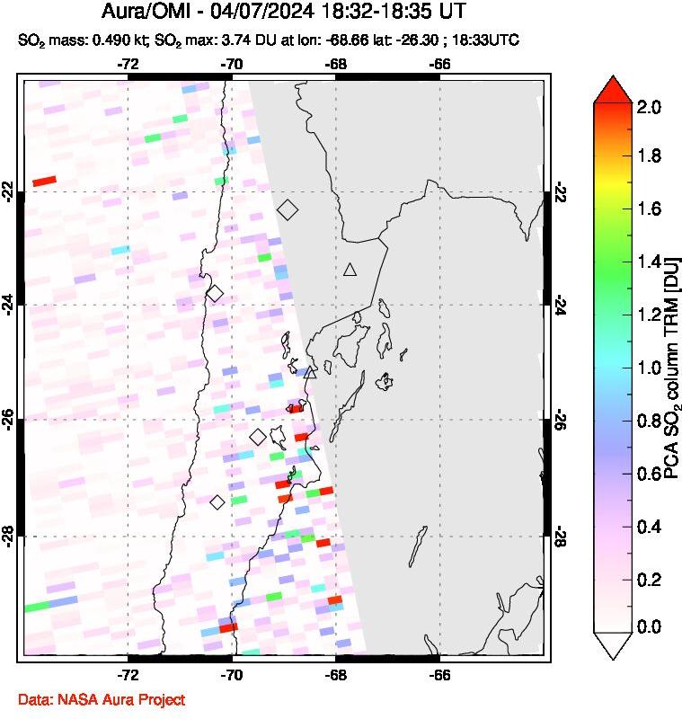 A sulfur dioxide image over Northern Chile on Apr 07, 2024.