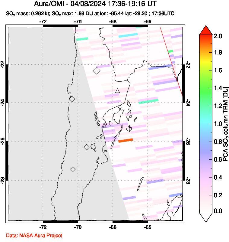 A sulfur dioxide image over Northern Chile on Apr 08, 2024.