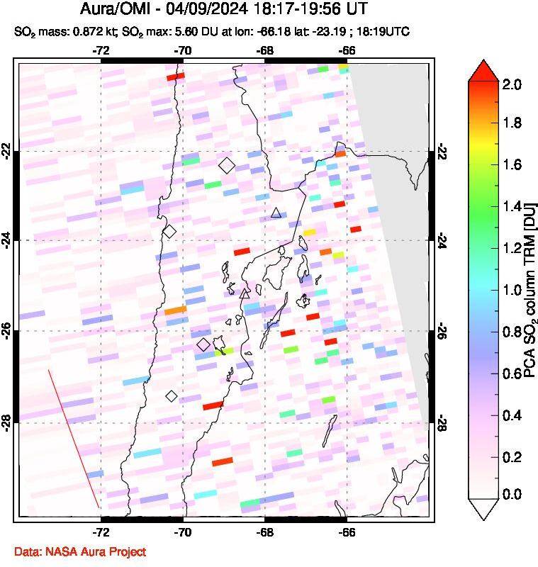 A sulfur dioxide image over Northern Chile on Apr 09, 2024.