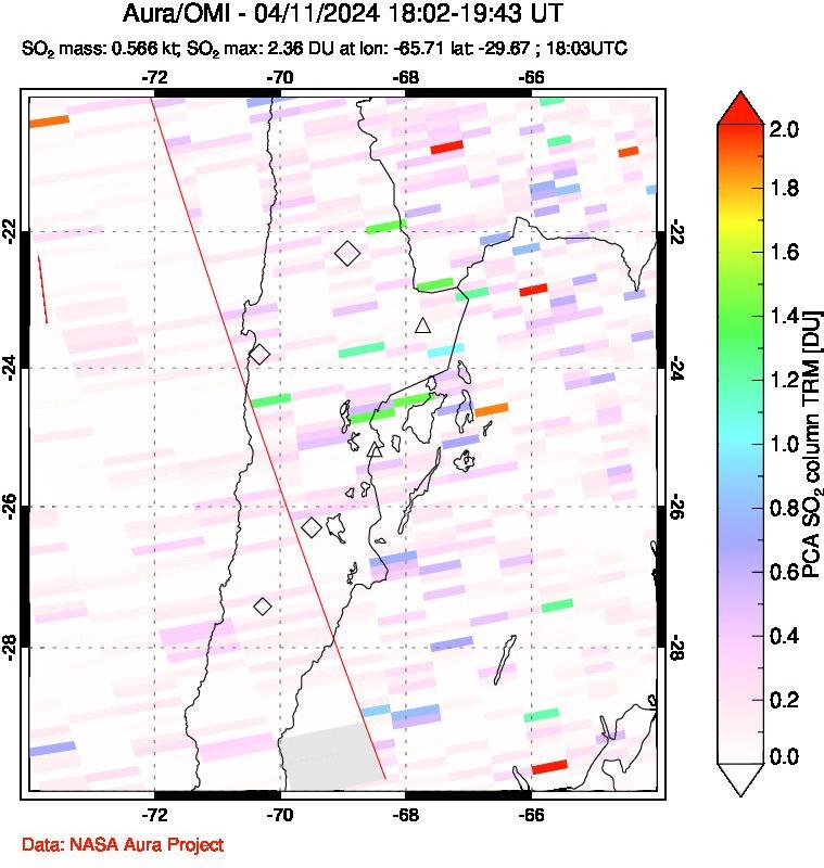 A sulfur dioxide image over Northern Chile on Apr 11, 2024.