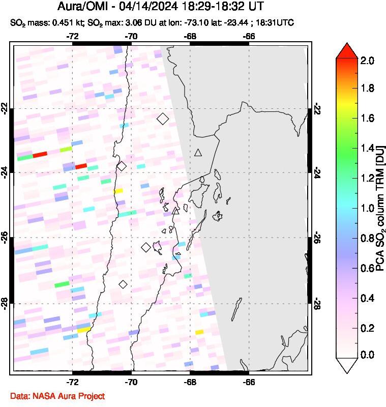 A sulfur dioxide image over Northern Chile on Apr 14, 2024.