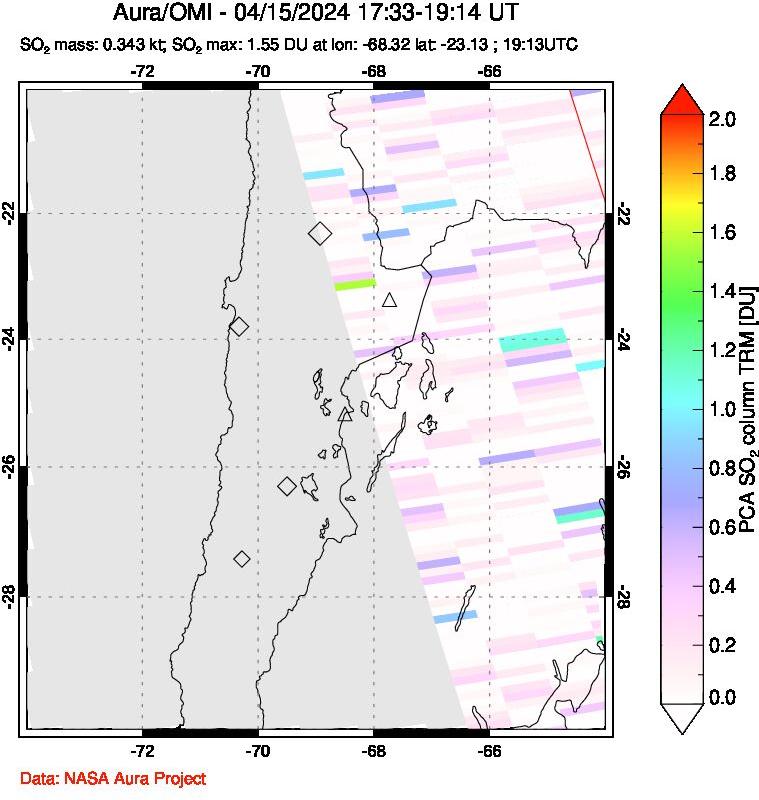 A sulfur dioxide image over Northern Chile on Apr 15, 2024.