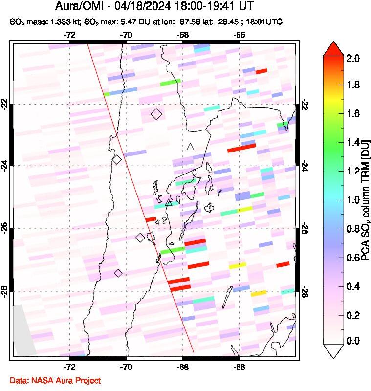 A sulfur dioxide image over Northern Chile on Apr 18, 2024.