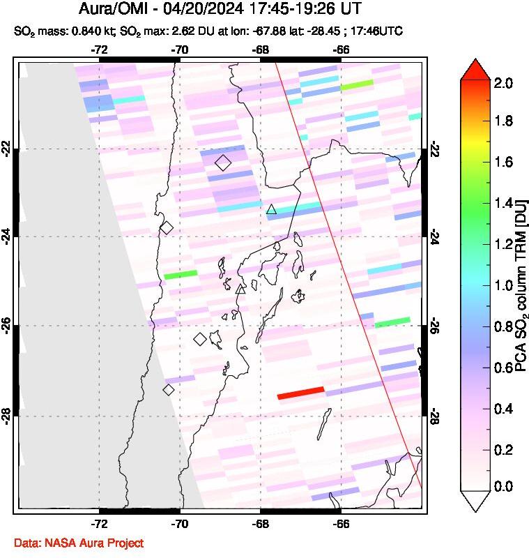 A sulfur dioxide image over Northern Chile on Apr 20, 2024.