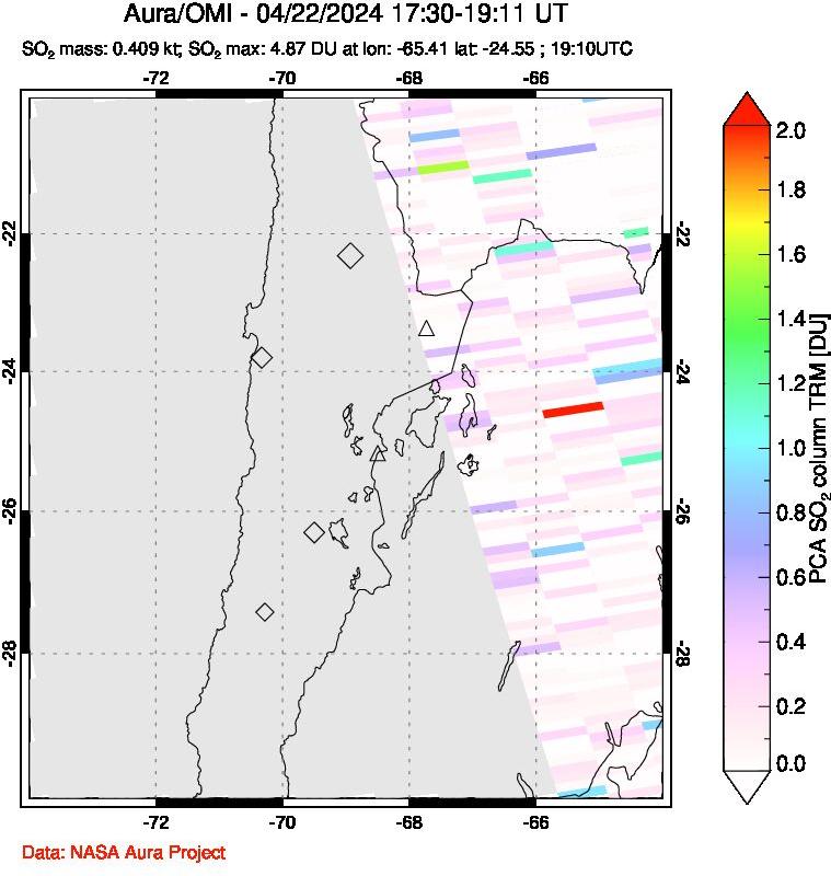 A sulfur dioxide image over Northern Chile on Apr 22, 2024.