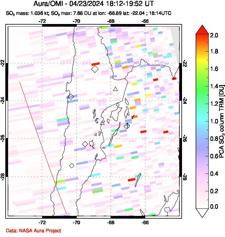 A sulfur dioxide image over Northern Chile on Apr 23, 2024.