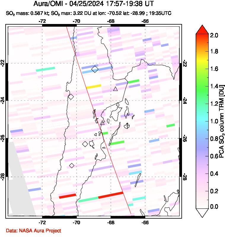 A sulfur dioxide image over Northern Chile on Apr 25, 2024.