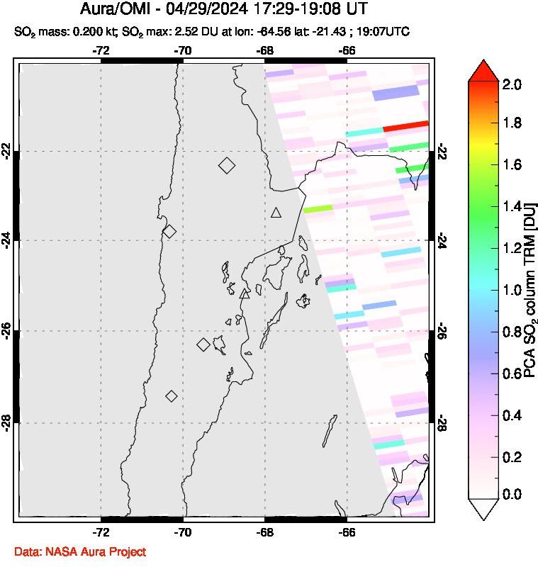 A sulfur dioxide image over Northern Chile on Apr 29, 2024.