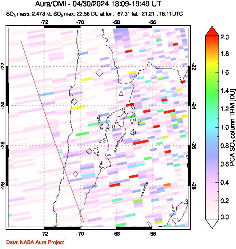 A sulfur dioxide image over Northern Chile on Apr 30, 2024.