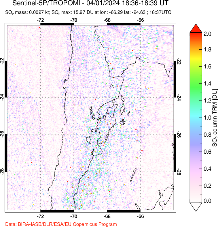 A sulfur dioxide image over Northern Chile on Apr 01, 2024.