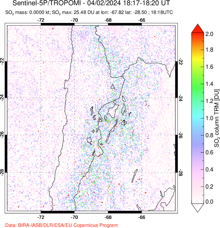 A sulfur dioxide image over Northern Chile on Apr 02, 2024.