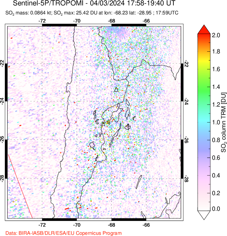 A sulfur dioxide image over Northern Chile on Apr 03, 2024.