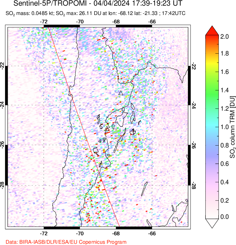 A sulfur dioxide image over Northern Chile on Apr 04, 2024.