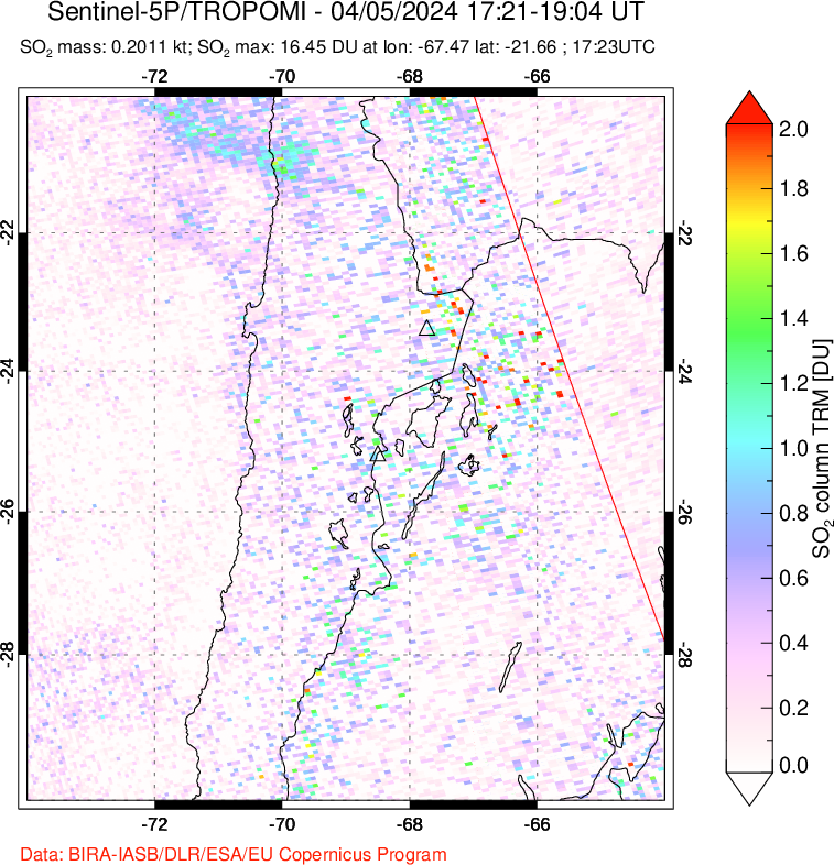 A sulfur dioxide image over Northern Chile on Apr 05, 2024.