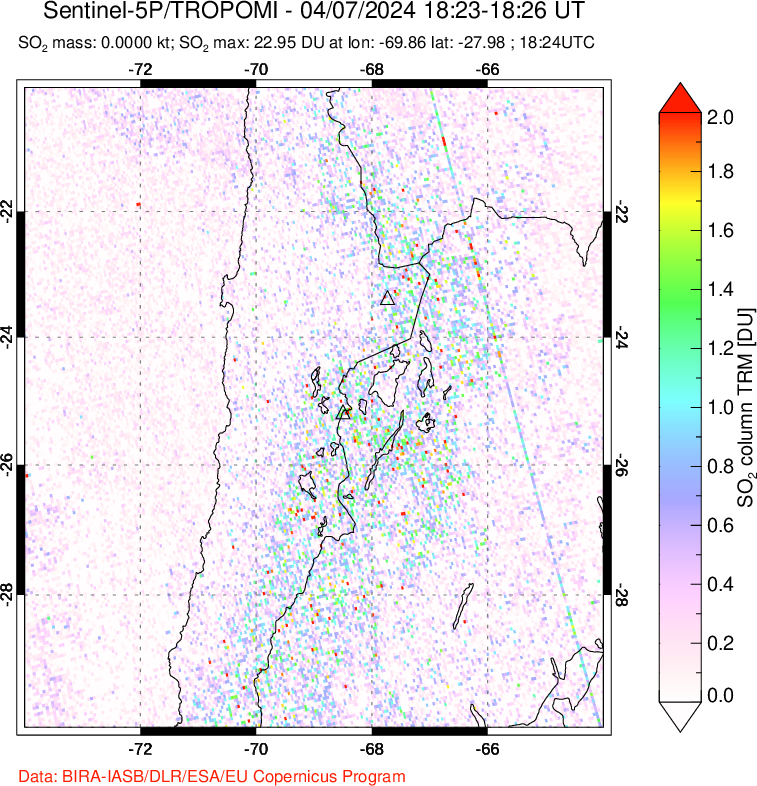 A sulfur dioxide image over Northern Chile on Apr 07, 2024.