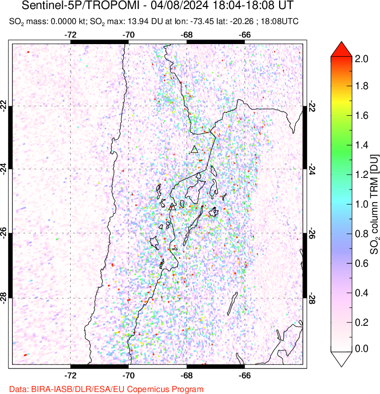 A sulfur dioxide image over Northern Chile on Apr 08, 2024.