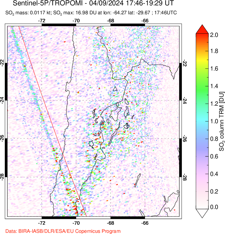 A sulfur dioxide image over Northern Chile on Apr 09, 2024.