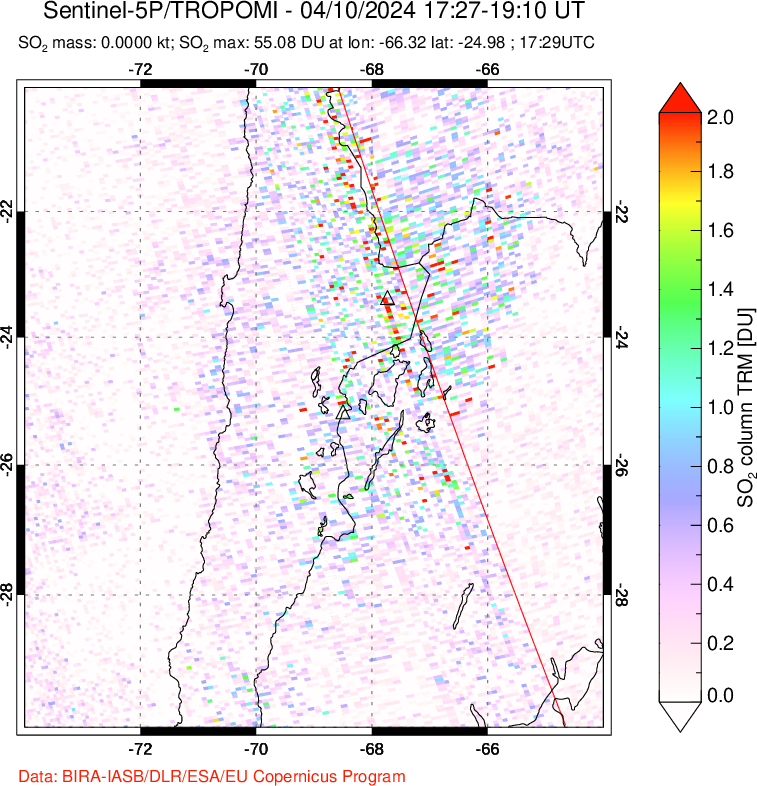 A sulfur dioxide image over Northern Chile on Apr 10, 2024.