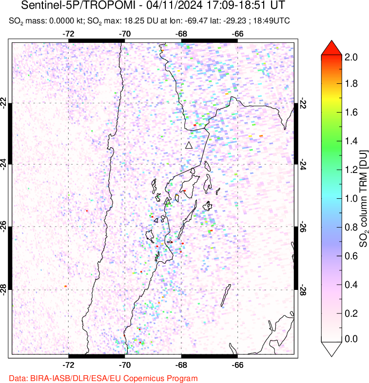 A sulfur dioxide image over Northern Chile on Apr 11, 2024.