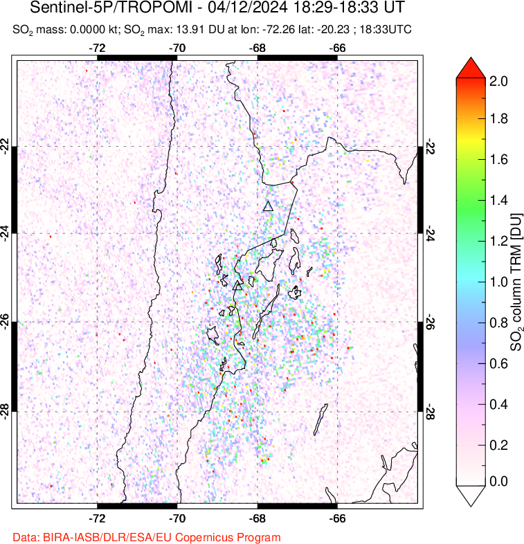 A sulfur dioxide image over Northern Chile on Apr 12, 2024.