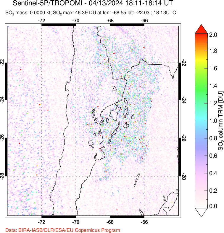 A sulfur dioxide image over Northern Chile on Apr 13, 2024.