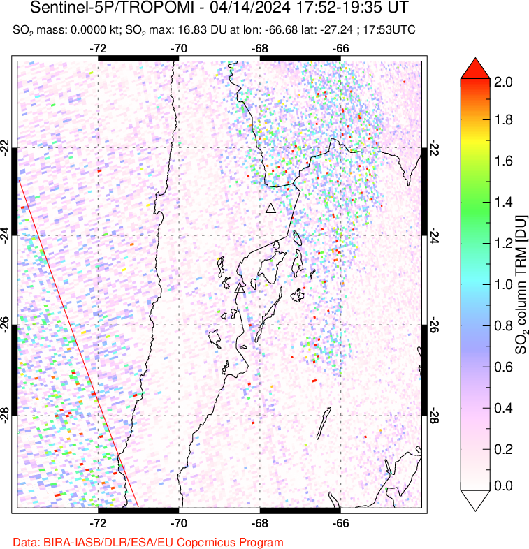 A sulfur dioxide image over Northern Chile on Apr 14, 2024.