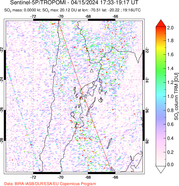 A sulfur dioxide image over Northern Chile on Apr 15, 2024.