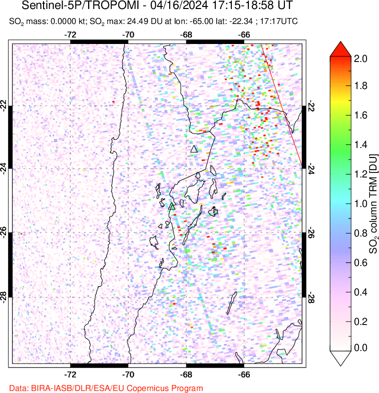 A sulfur dioxide image over Northern Chile on Apr 16, 2024.