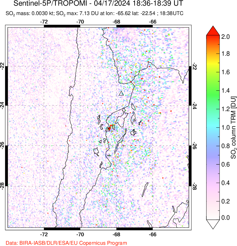 A sulfur dioxide image over Northern Chile on Apr 17, 2024.