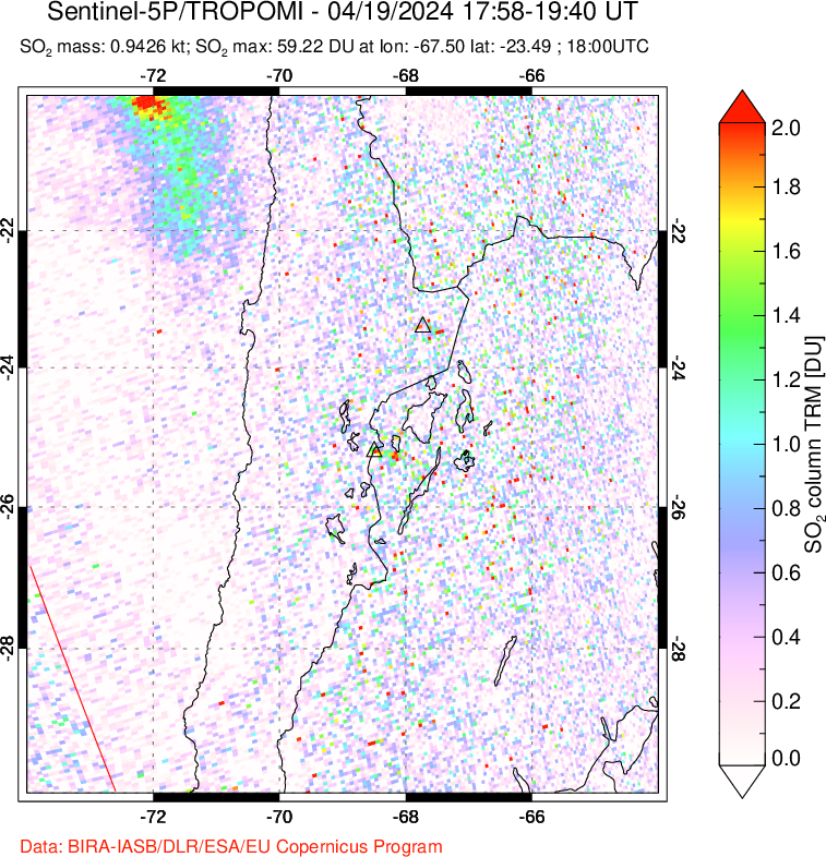 A sulfur dioxide image over Northern Chile on Apr 19, 2024.