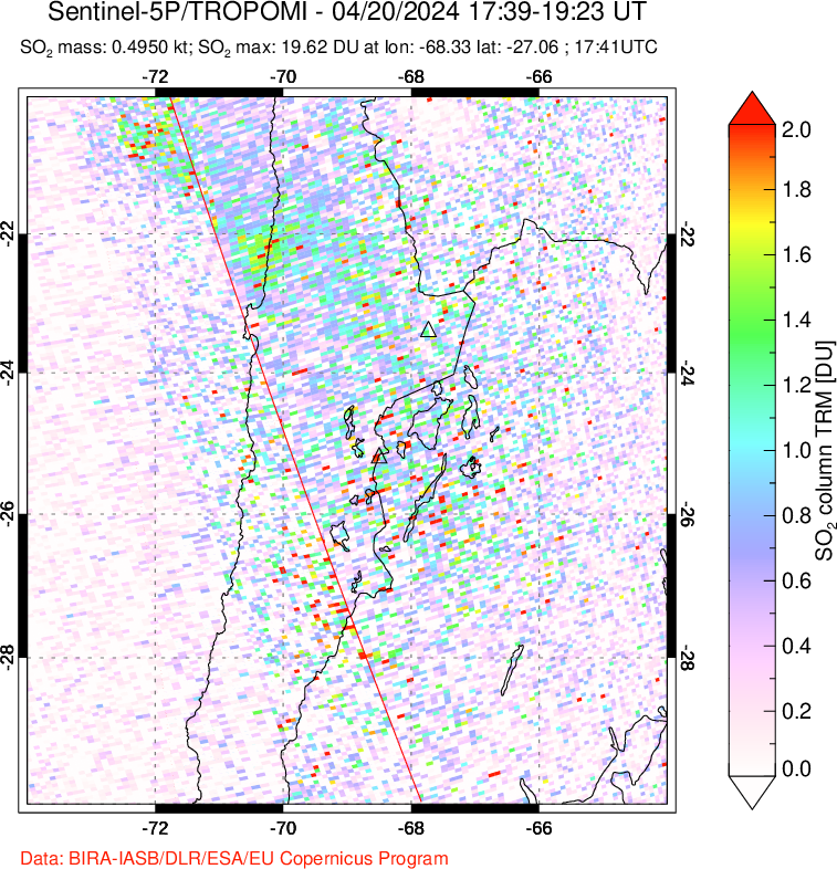 A sulfur dioxide image over Northern Chile on Apr 20, 2024.