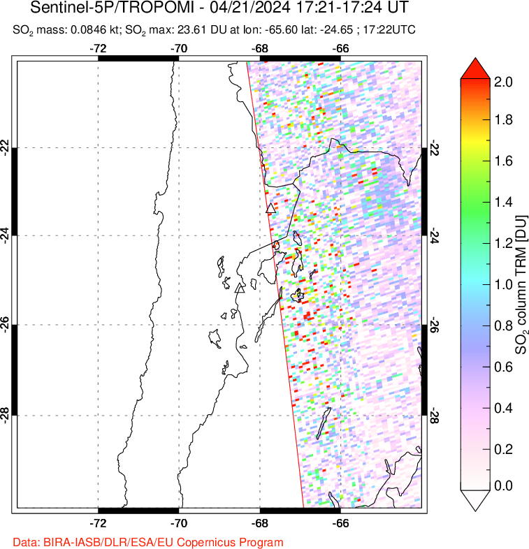 A sulfur dioxide image over Northern Chile on Apr 21, 2024.