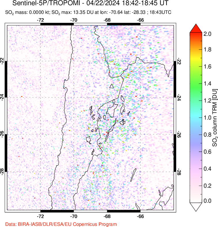 A sulfur dioxide image over Northern Chile on Apr 22, 2024.