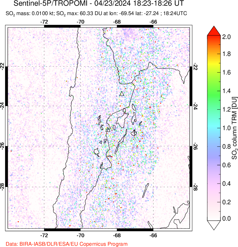 A sulfur dioxide image over Northern Chile on Apr 23, 2024.