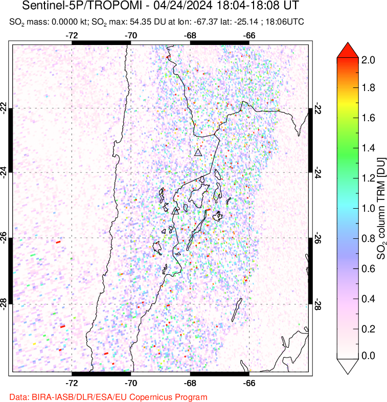 A sulfur dioxide image over Northern Chile on Apr 24, 2024.