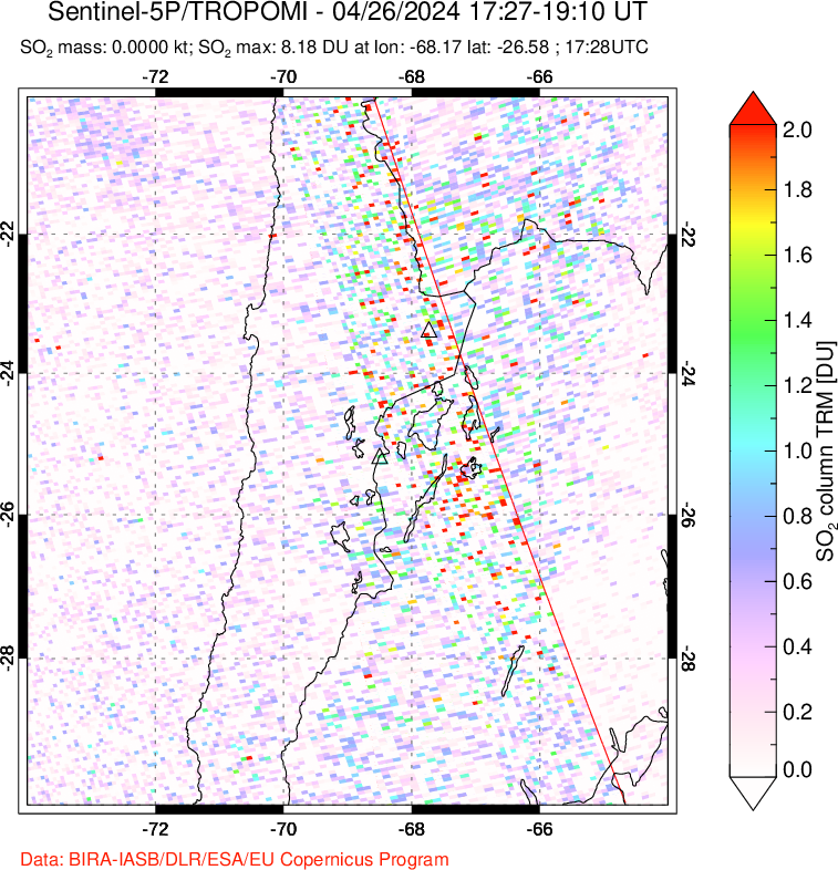 A sulfur dioxide image over Northern Chile on Apr 26, 2024.