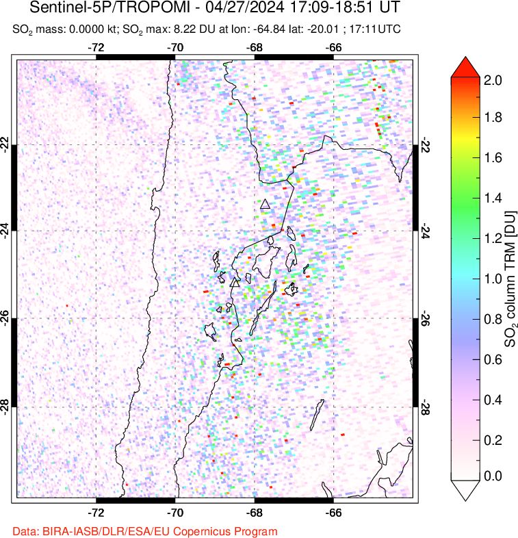 A sulfur dioxide image over Northern Chile on Apr 27, 2024.