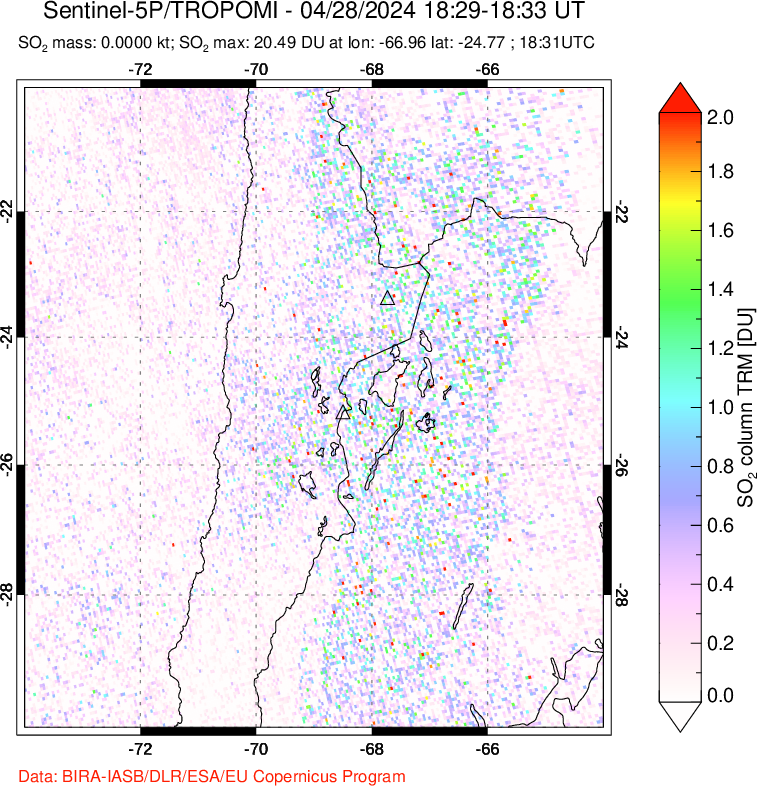 A sulfur dioxide image over Northern Chile on Apr 28, 2024.