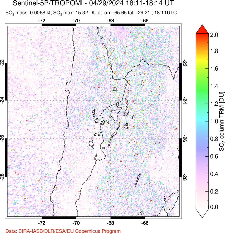 A sulfur dioxide image over Northern Chile on Apr 29, 2024.