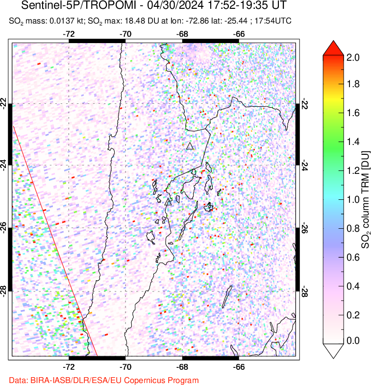 A sulfur dioxide image over Northern Chile on Apr 30, 2024.