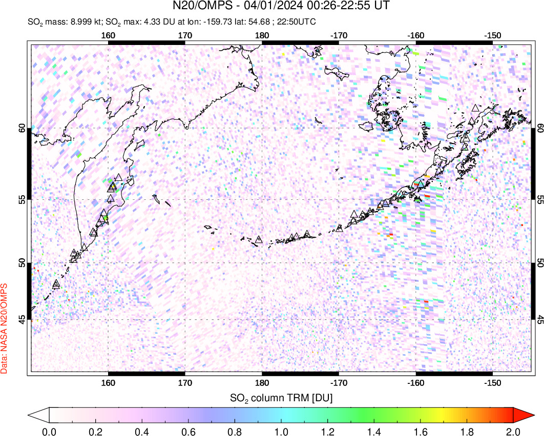 A sulfur dioxide image over North Pacific on Apr 01, 2024.