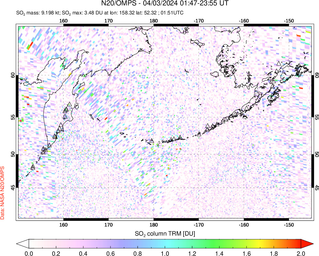 A sulfur dioxide image over North Pacific on Apr 03, 2024.