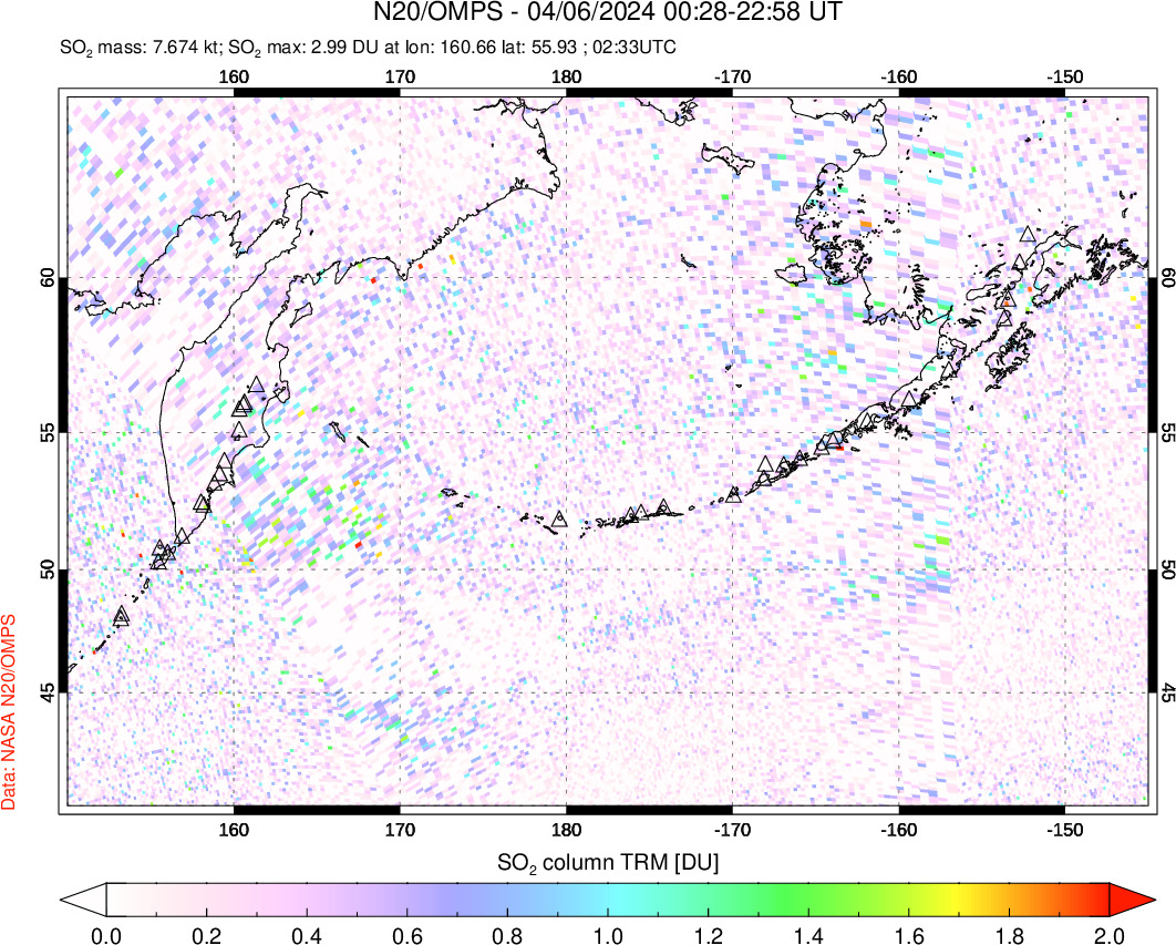 A sulfur dioxide image over North Pacific on Apr 06, 2024.