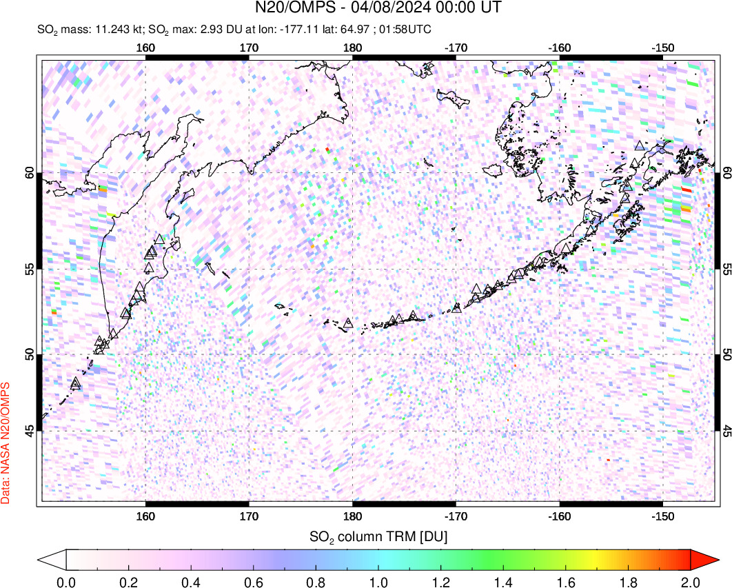 A sulfur dioxide image over North Pacific on Apr 08, 2024.