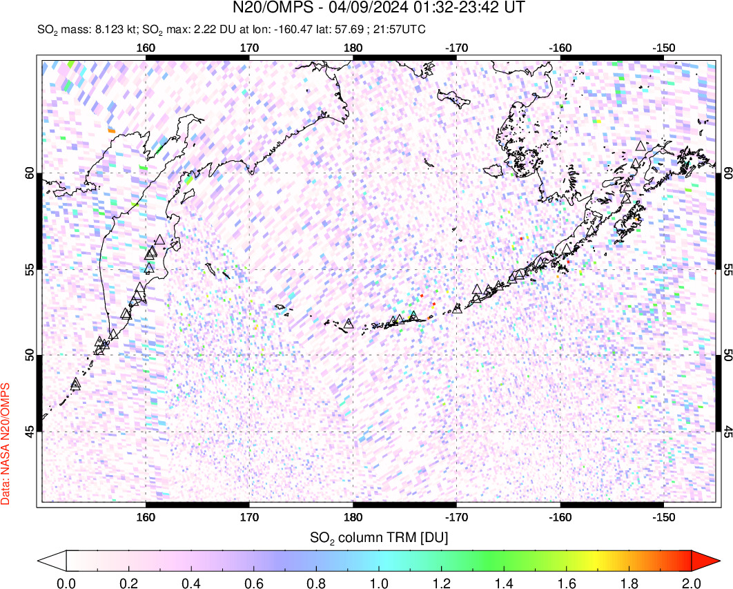 A sulfur dioxide image over North Pacific on Apr 09, 2024.