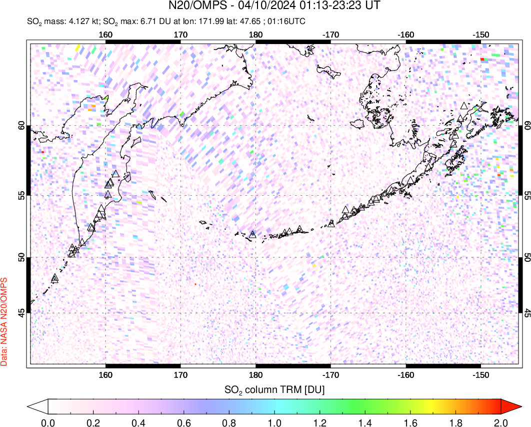 A sulfur dioxide image over North Pacific on Apr 10, 2024.