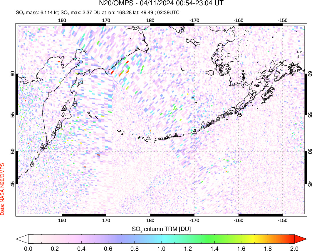 A sulfur dioxide image over North Pacific on Apr 11, 2024.