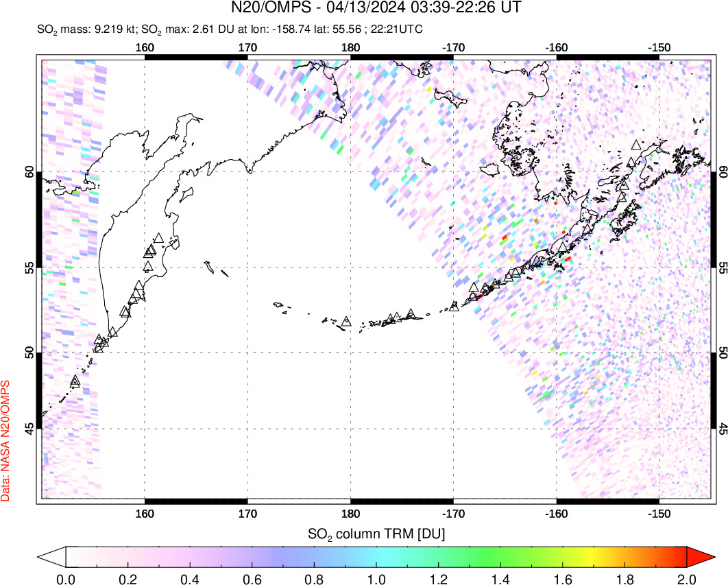 A sulfur dioxide image over North Pacific on Apr 13, 2024.